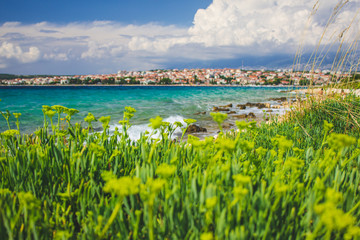 Picturesque coastal view of Novalja town on Pag island in Croatia