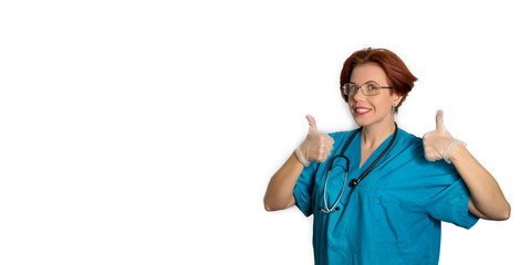 Friendly doctor pediatrician on white isolated background. Banner.