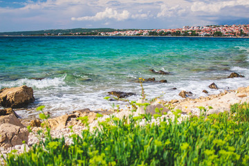 Picturesque coastal view of Novalja town on Pag island in Croatia