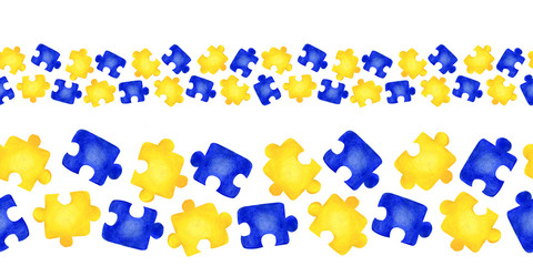 Seamless border with yellow and blue jigsaw puzzles isolated on white background. Autism awareness day, business, entertainment, team building. Watercolor hand drawn illustration in cartoon.