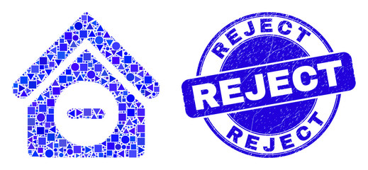Obraz premium Geometric forbidden house mosaic pictogram and Reject seal stamp. Blue vector rounded distress seal with Reject message. Abstract mosaic of forbidden house constructed of circle, triangles,