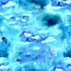 Blue sky watercolor background. Seamless pattern. Hand drawn. Artistic
