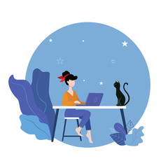 Character design. A woman is working on laptop.  Working at the distance