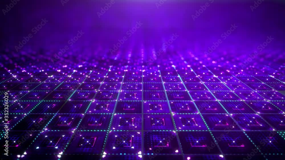 Poster neon digital technology background made of particles and smalls animated arrow. 4k abstract animatio