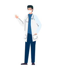 masculine doctor using medical protective mask against covid 19 on white background vector illustration design
