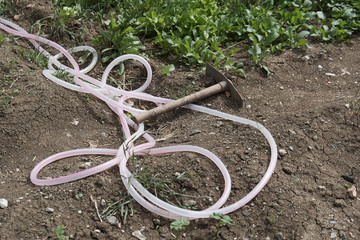 hoe and garden hose in the garden, gardening supplies,