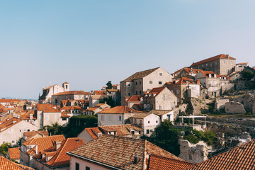 View from the wall on the tiled roofs of the old city of Dubrovnik.
