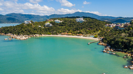 Aerial view of Figueira beach (Praia da Figueira) - Governador Celso Ramos. Beautiful tripal beach in Santa Catarina - Brazil