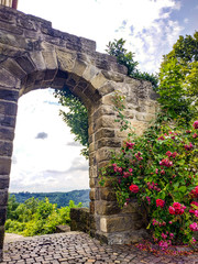 ancient stone arch with roses in germany waldenburg 14.05.2020