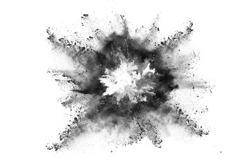 particles of charcoal on white background,abstract powder splatted on white background,Freeze motion of black powder exploding or throwing black powder. - obrazy, fototapety, plakaty