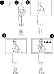 Drawing learn step by step tutorial techniques people occupations set with professions jobs business working trade career province for kids workbook isolated background. Vector illustration teacher