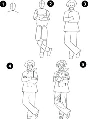Drawing learn step by step tutorial techniques people occupations set with professions jobs business working trade career province for kids workbook isolated background. Vector illustration cook