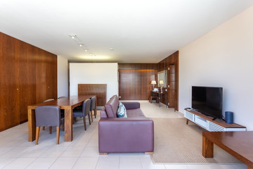 Modern living room, hall with integrated kitchen, furnished.