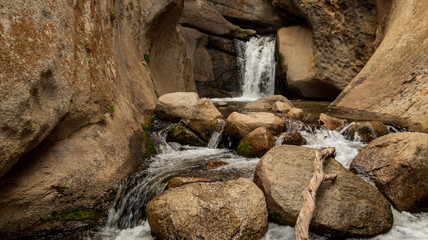 Hidden Falls waterfall on McGee Creek in natural rock canyon in the Buttermilks of Eastern Sierra Nevada mountains of California USA