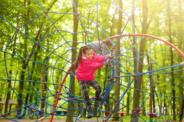 happy little girl in a rope park on the wood background
