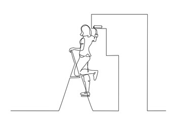 Woman painting wall using roller stick. Continuous one line drawing