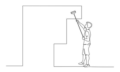 Man painting wall using roller stick. Continuous one line drawing