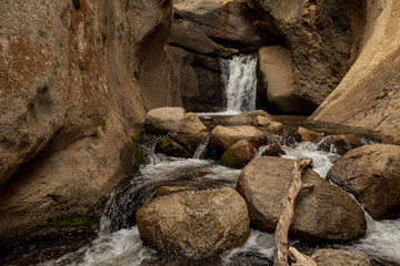 Hidden Falls waterfall on McGee Creek in natural rock canyon in the Buttermilks of Eastern Sierra Nevada mountains of California USA