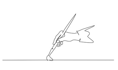 Hand holding paint brush and painting. one line drawing.