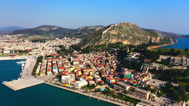 Nafplion city aerial view,Peloponnese with Palamidi Castle on 4k footage