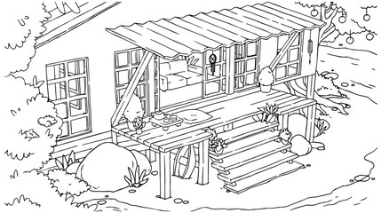 Outline seashore beach bingalow with terrace and stairs. Vector hand drawn isolated tropical house. Coloring book page.