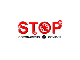 Text outline stop coronavirus or covid-19, font stop sign symbol isolated white background, coronavirus icon cells, forbidden label poster virus vector illustration 
