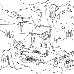 Outline cartoon native american playing harmonica near tent in forest. Vector coloring book page.