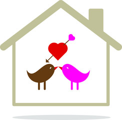 Vector romantic icon of Love bird in home on a white background