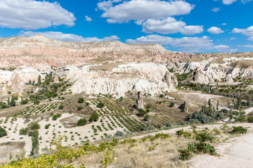 Volcanic formations in Red valley, Cappadocia, Nevsehir, Turkey.