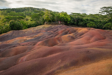 Viewing platform at Seven Coloured Earth with tropical forest in background. Mauritius, Chamarel,...