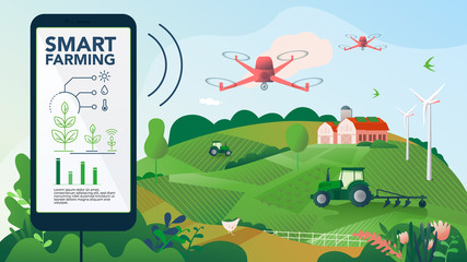 Innovative technology for agricultural companies. Agricultural automation with remote tractor control. Illustration of a smart farm with drone control. Template for web, print, and report.