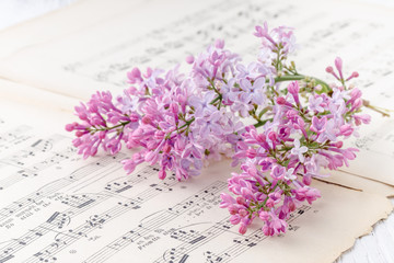 Fresh lilac on wooden table< romantic scene