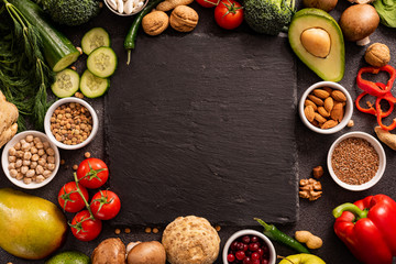 Fresh raw vegetable ingredients for healthy cooking. Diet or vegetarian food concept, horizontal composition. Top view, copy space.