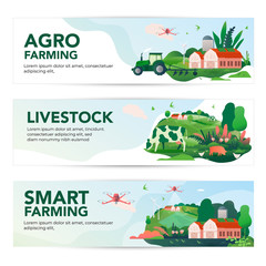 Set of banners with a tractor in a field, cows in a pasture, and a drone. Vector illustrations of agricultural, smart farm with drone control, livestock, agricultural buildings.  Template for the web,
