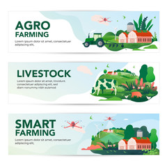 Set of banners with a tractor in a field, cows in a pasture, and a drone. Vector illustrations of agricultural, smart farm with drone control, livestock, agricultural buildings.  Template for the web,