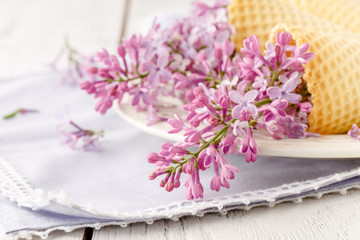 Romantic gift lilac flowers on table