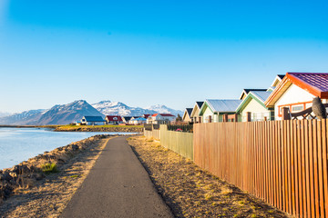Walking path along the coast in Hofn in Hornafjordur in Iceland