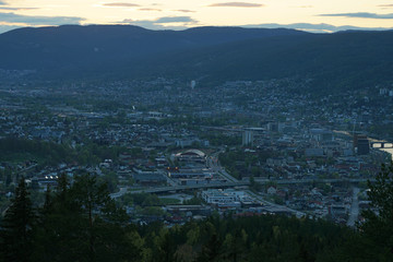 View of a city Drammen in evening time after sunset.