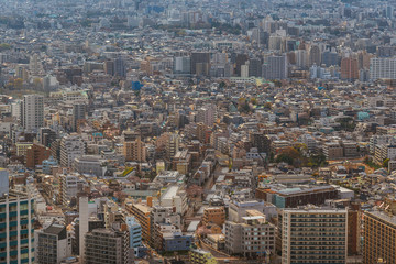 Fototapeta na wymiar Tokyo endless suburbs, a wall of concrete buildings. View of Shinjuku, Nagano e Suginami district from above