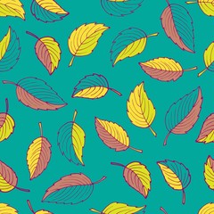 Autumn seamless background. Yellow and orange leaves on green. Vector hand drawn doodle. Linear drawing. For wallpaper, wrapping, packaging, scrap. Fall digital paper.