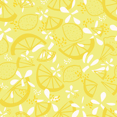 Vector lemon citrus fruit fresh summer floral repeating pattern. Hand drawn textured citrus fruit pattern with texture on yellow background. Modern yummy backdrop.