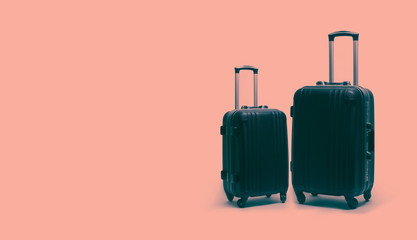 Stylish suitcases on a colored background. Collage art style. 