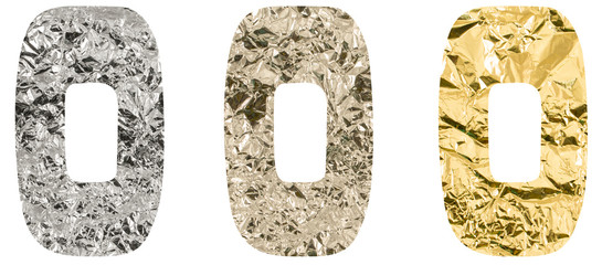 Isolated Font English or Latin or Russian letter O or number 0 zero made of crumpled titanium, silver, gold foil on white background