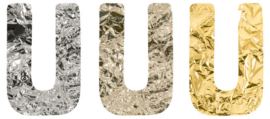 Isolated Font English or Latin Letter I made of crumpled titanium, silver, gold foil on white...