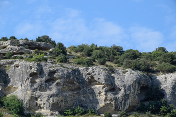 Fototapeta na wymiar Limestone cliffs with sample of material, limestone erosion in the rocks.