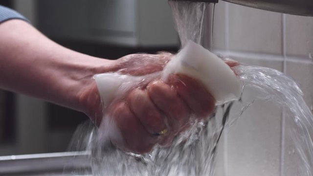 Cleaning sponge is rinsed under running water