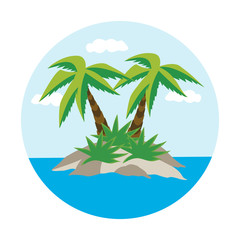 Fototapeta na wymiar Tropical palm tree on an island with the sun and clouds. Cartoon illustration