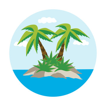 Tropical palm tree on an island with the sun and clouds. Cartoon illustration