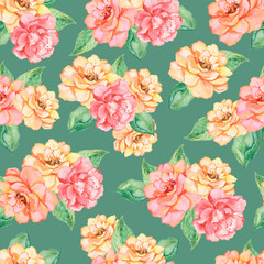 Watercolor floral pattern with tea roses on a green background.