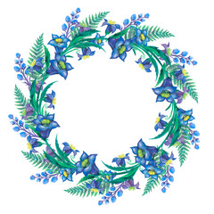 Fototapeta na wymiar Watercolor illustration of a wreath of wildflowers bluebells